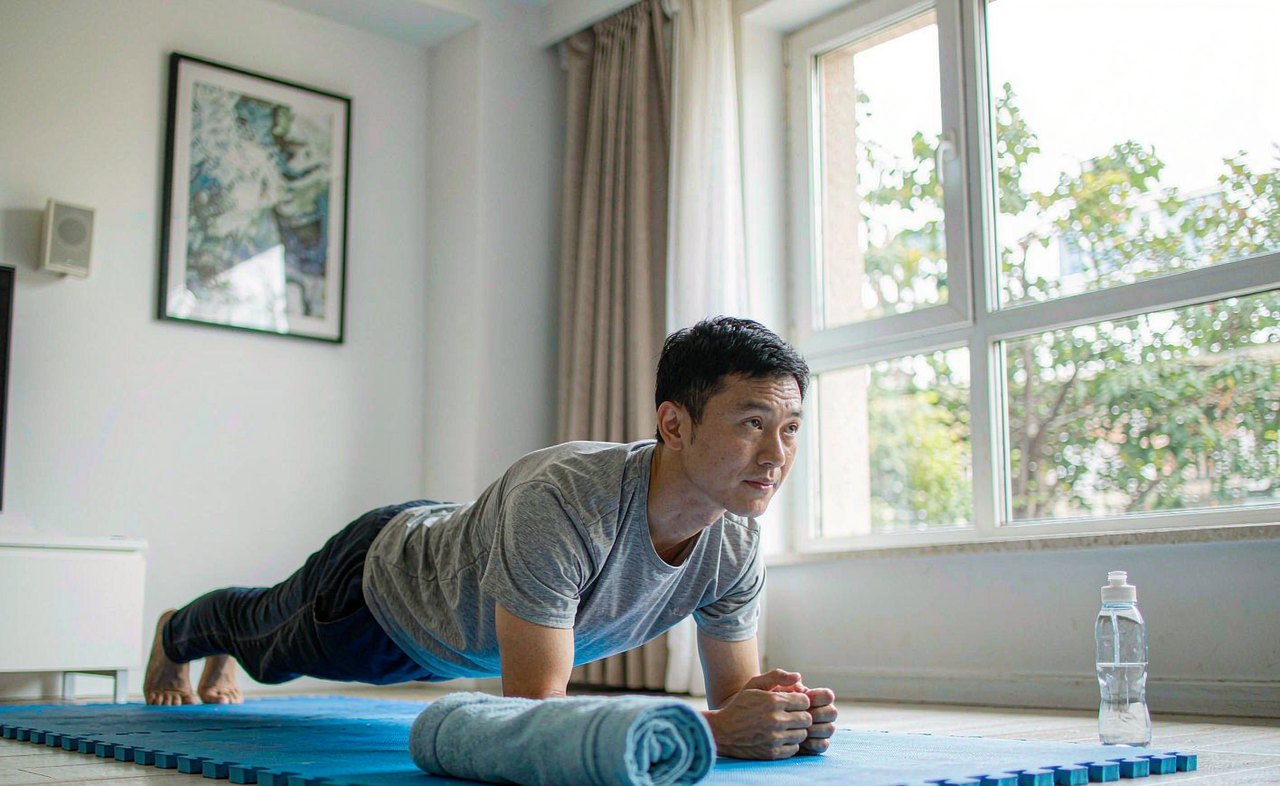 A man holding a forearm plank on a blue exercise mat in a bright living room with a rolled towel and water bottle nearby