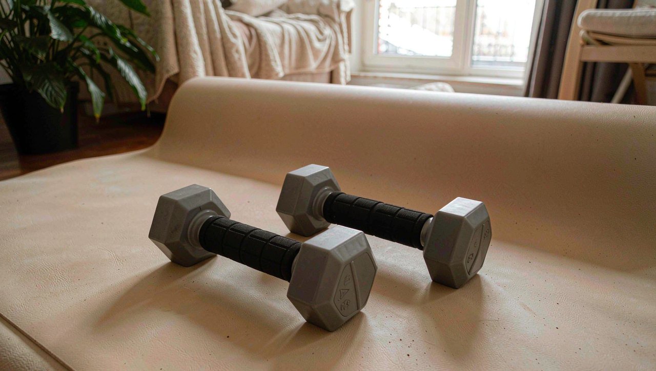A pair of hexagonal dumbbells on a rolled-out yoga mat in a bright living room with soft window light and a houseplant in the corner