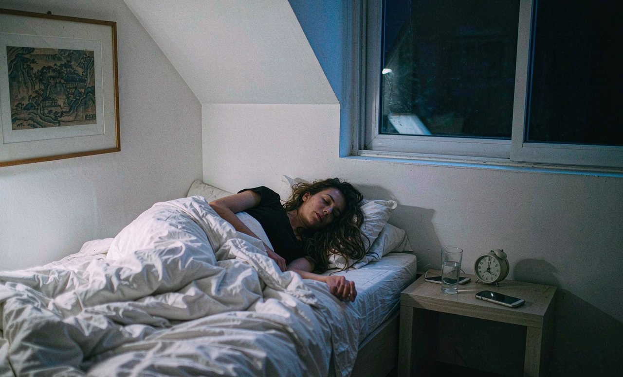 Bedroom at night with an alarm clock and a phone left face down on the nightstand