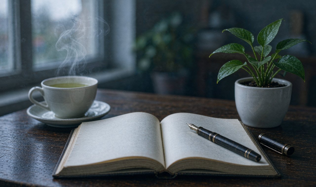 An open journal with a fountain pen beside a cup of green tea on a dark wooden desk in soft window light