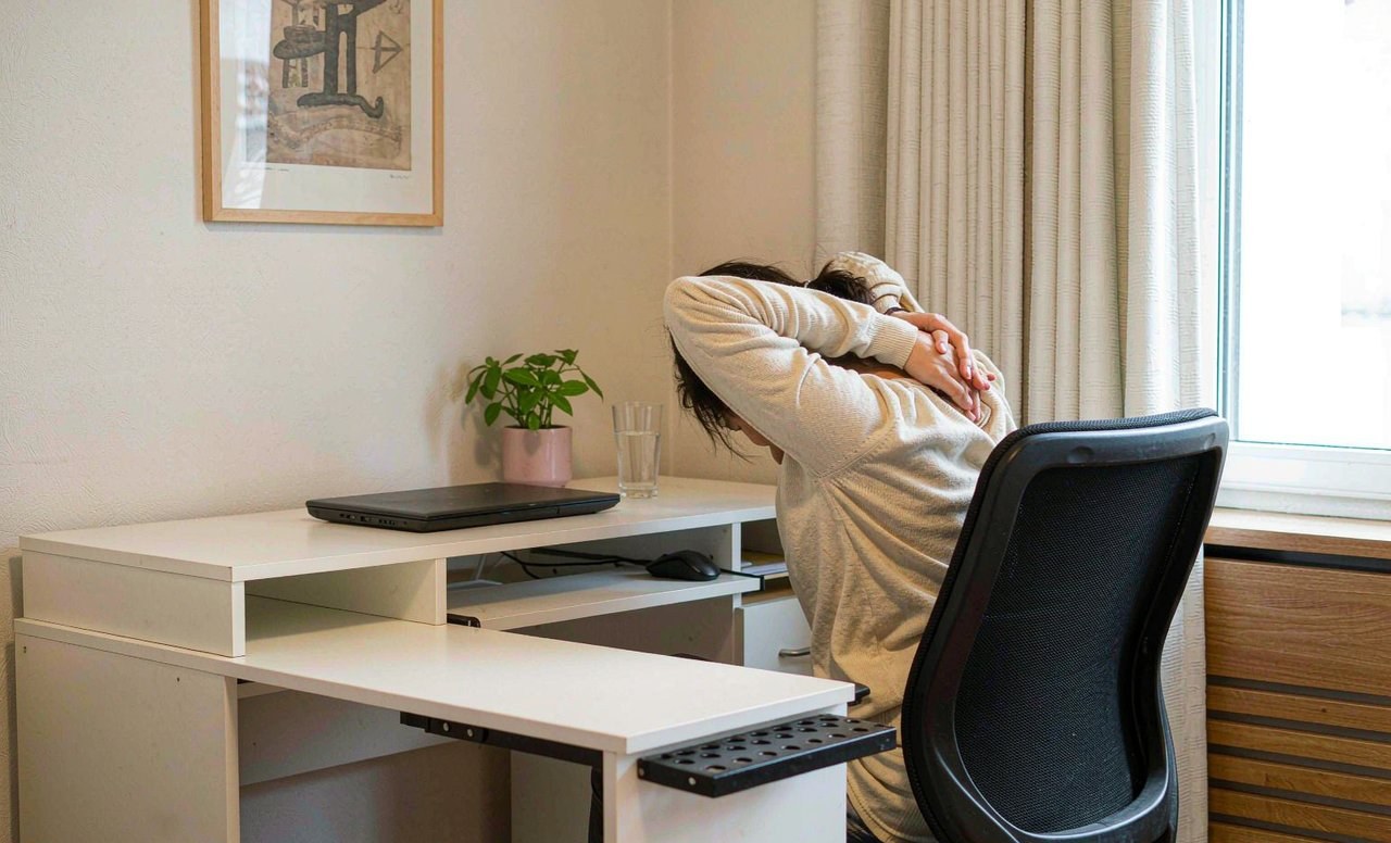 A person seated in an ergonomic chair doing a gentle upper-back stretch at a tidy home office desk