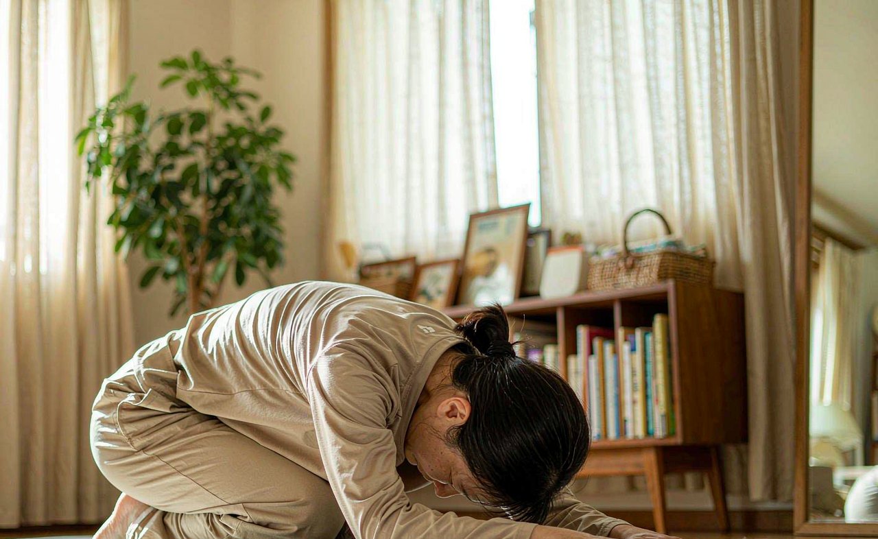 A woman kneeling in a gentle child's pose stretch on a yoga mat in a sunlit living room