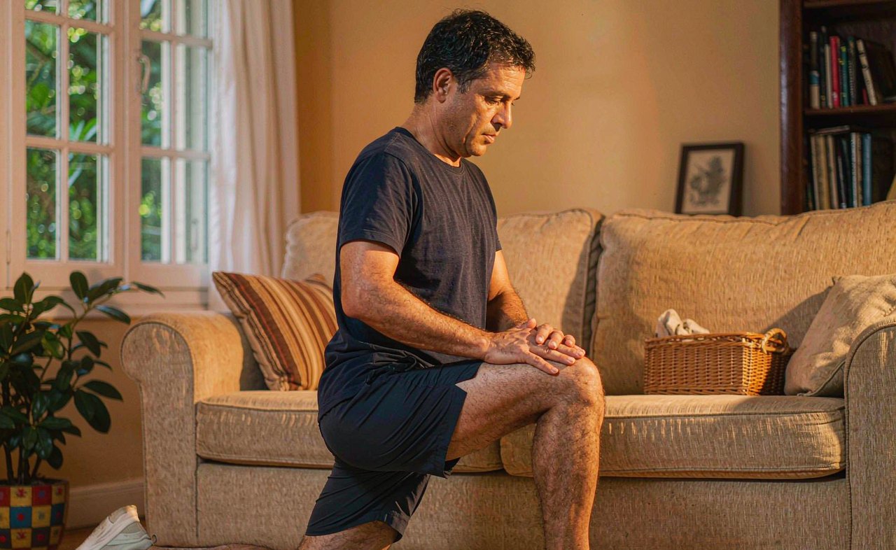 A man in casual athletic wear performing a low lunge hip flexor stretch on a yoga mat in a softly lit living room in the late afternoon
