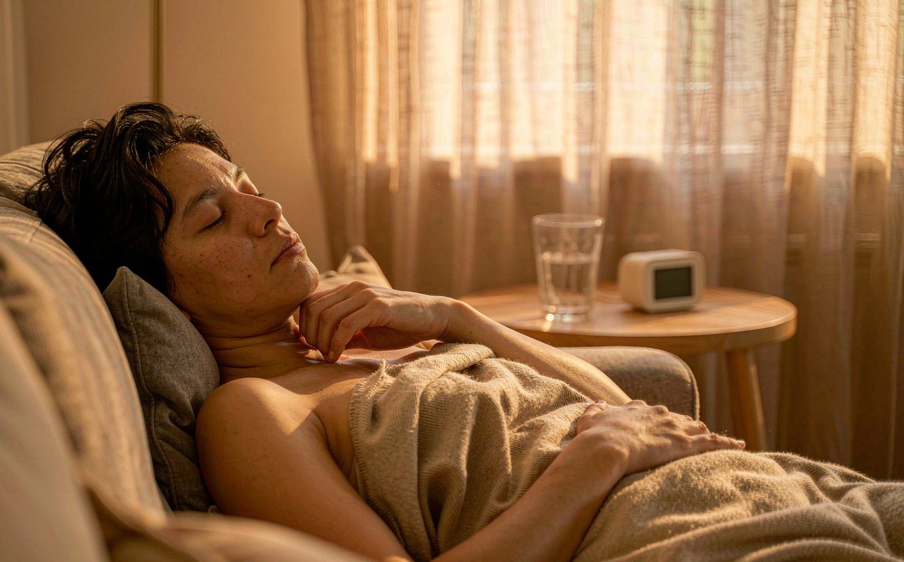 A person resting on a sofa under a light blanket in soft afternoon light