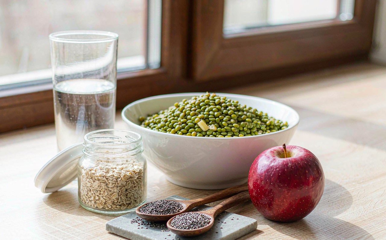 A kitchen counter with a bowl of lentils, oats, an apple, and a glass of water in morning light