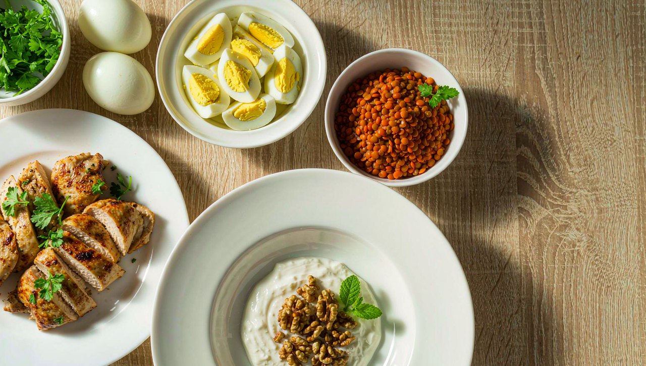Overhead view of plates with protein-rich foods — boiled eggs, grilled chicken, lentils and yogurt with nuts — on a light wooden table in daylight