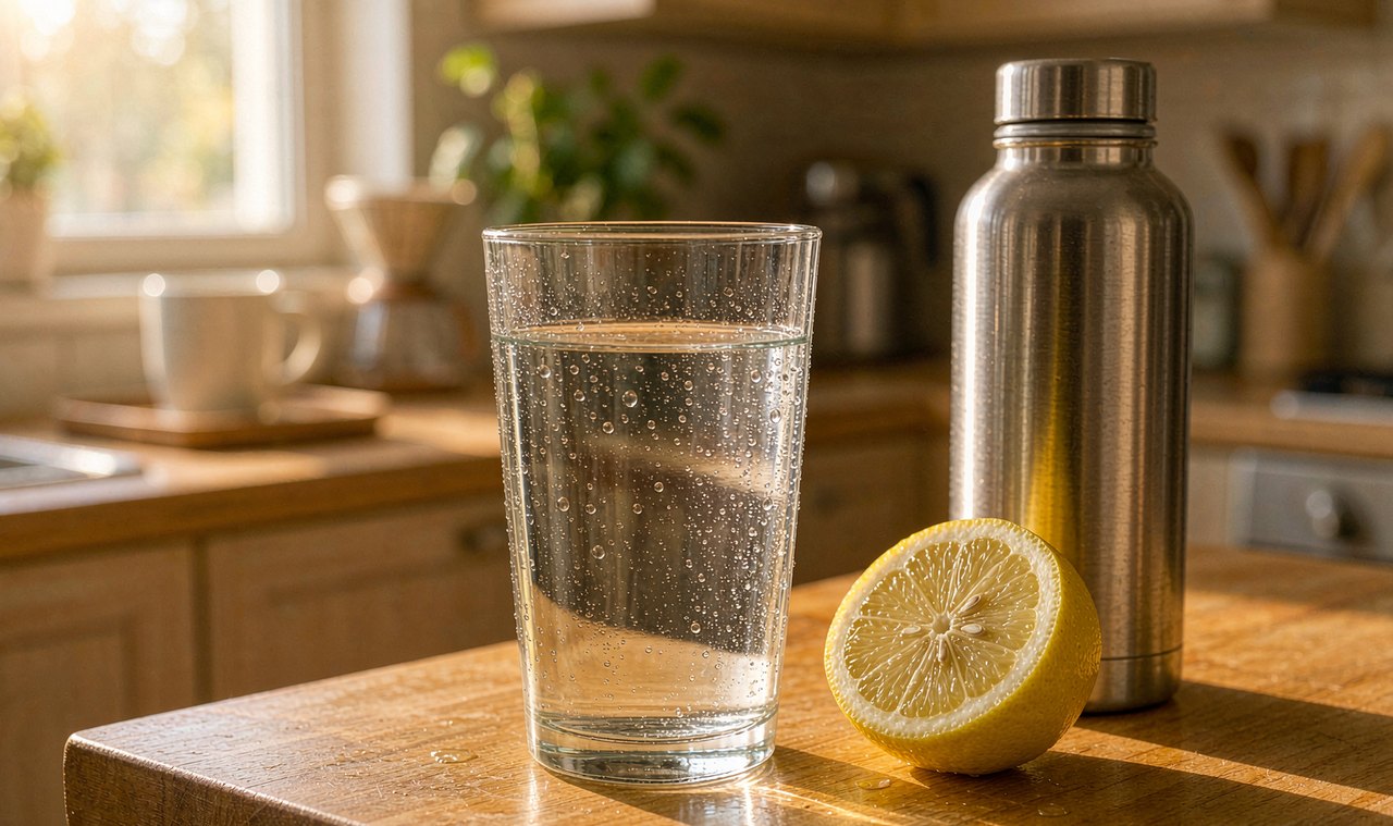 A glass of water with condensation beside a steel reusable bottle and a halved lemon on a sunlit kitchen counter