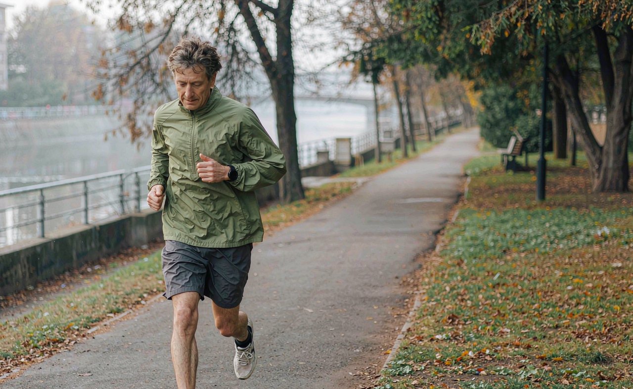 A middle-aged man jogging along a tree-lined riverside path in soft overcast morning light