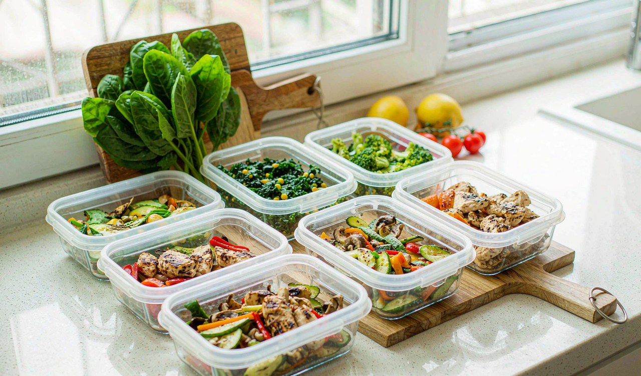 Glass meal prep containers filled with roasted vegetables, grilled chicken and rice on a bright kitchen counter