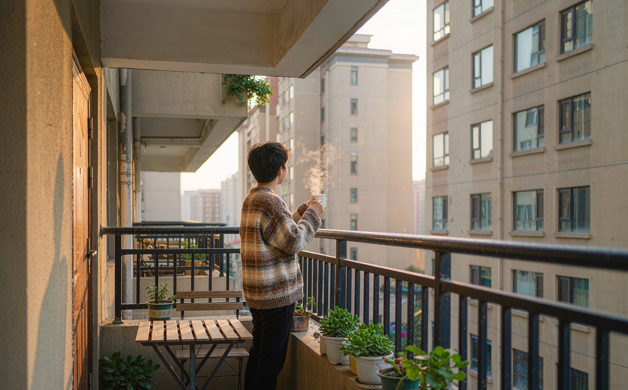 A person in a sweater standing on a apartment balcony with a coffee mug, facing soft golden morning sunlight between buildings