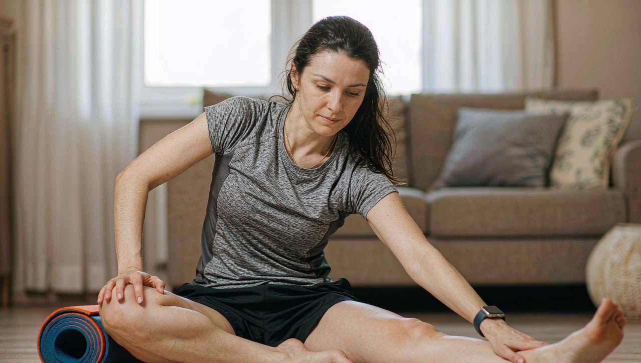 A person sitting on a living room floor after a home workout, stretching one leg while resting a hand on a sore thigh