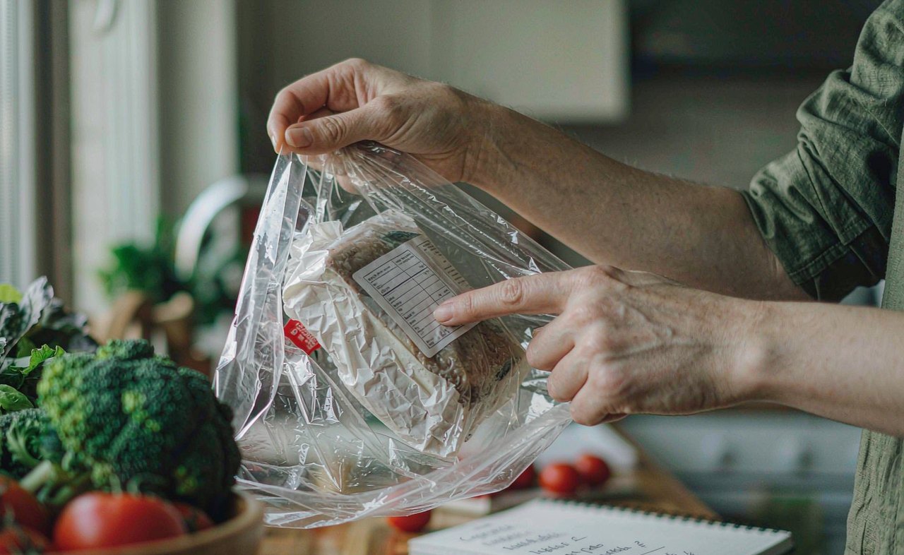 A person in a kitchen pointing at the nutrition label on the back of a packaged food, with fresh vegetables and a shopping notebook on the counter