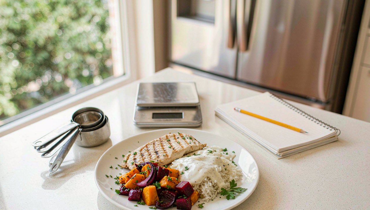 A balanced home-cooked plate next to measuring cups and a food scale on a kitchen counter
