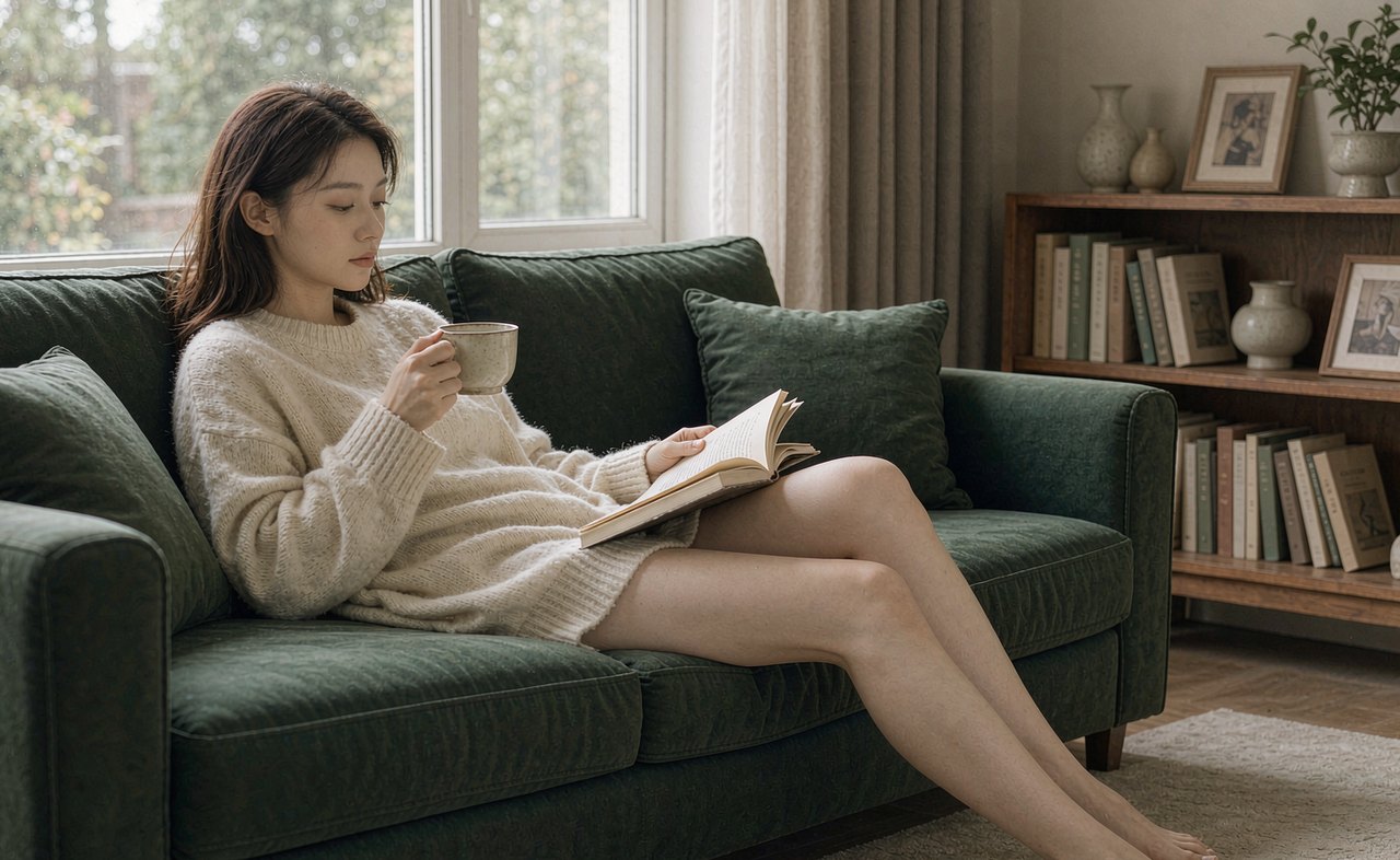 A woman relaxing on a sofa at home with a mug of tea and an open book, legs stretched out, in soft daylight from a nearby window
