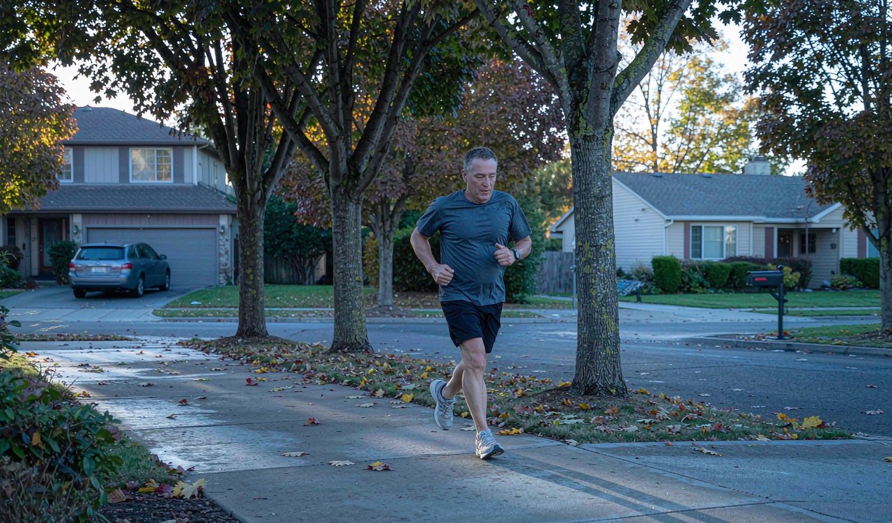 A man in his fifties walking briskly along a tree-lined suburban sidewalk in cool blue morning light
