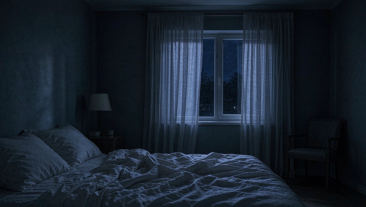 A dark, calm bedroom at night with soft moonlight through the curtains and rumpled bedsheets in the foreground, quiet and restful atmosphere, realistic photo style